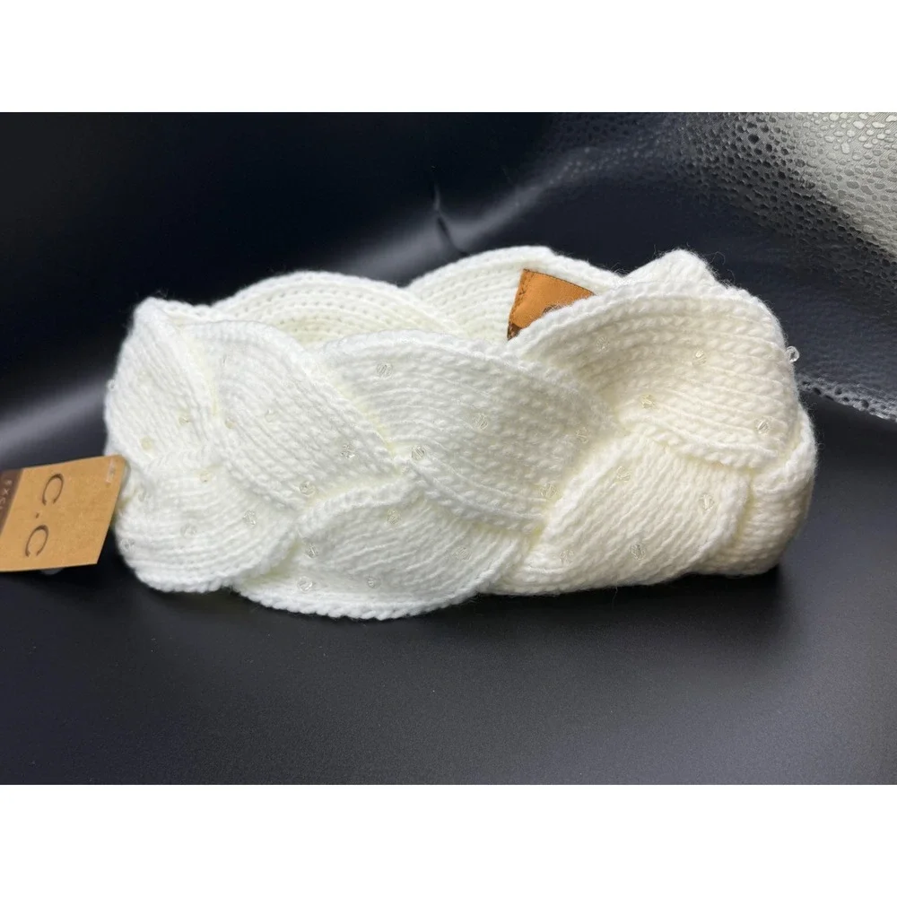 CC Exclusives Ivory Cable Knit Braided Headband with Sequins Winter Ear Warmer